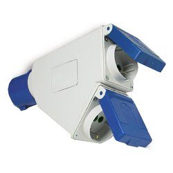 Image of Adattatore con spina Cee 220V 2 prese 2P+T 16A pluristd italiano e tedesco IP44 Blu e Bianco 73104 cod094