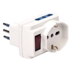 Image of Adattatore con spina 10A e interruttore 2 prese 2P+T 10/16A bipasso italiano e 2 prese 2P+T (std italiano 10A e tedesco 16A terra laterale) Bianco PP2 cod094