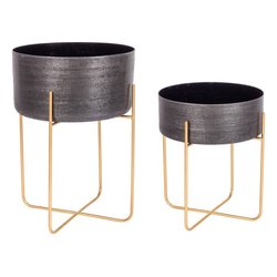 Set porta vasi piante 2 supporti tondi VARANASI Nero e Oro 0182955