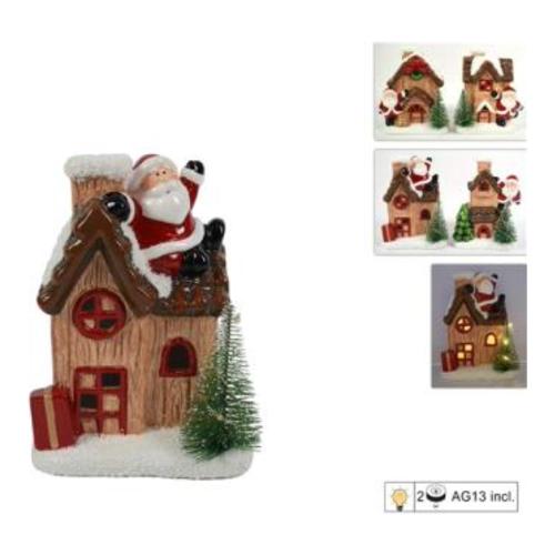 Decoro casetta effetto legno con babbo natale e luce Assortito (14 cm) CA012944