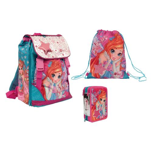 Zainetto set scuola zainetto astuccio e sacca WINX CLUB (29x13x40cm) Fucsia e Rosa WN9C5000