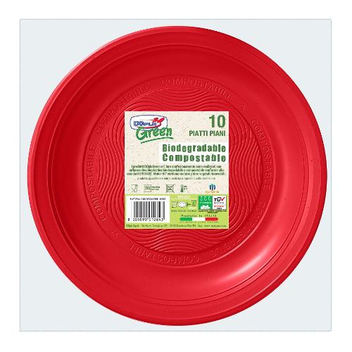 Set piatti piani monouso 10pz MATER BI Rosso 40005