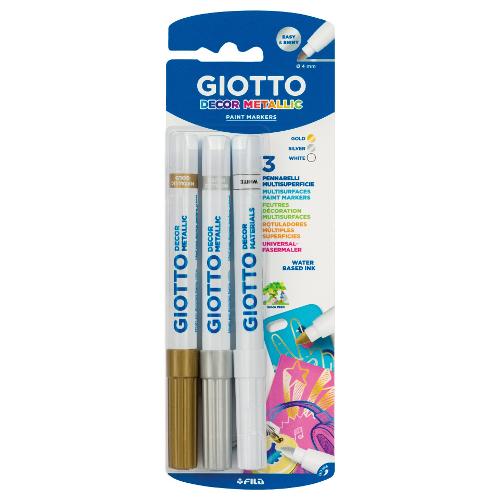 Pennarelli decorativi multiuso sezione tonda 3 pz Multisurfaces tratto Maxi - 4,0 mm GIOTTO DECOR bianco, oro e argento F014700