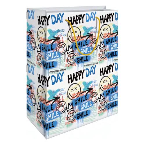 Shopper regalo (26x12x32 cm) Happy Day SMILE Bianco e Azzurro SOSB04