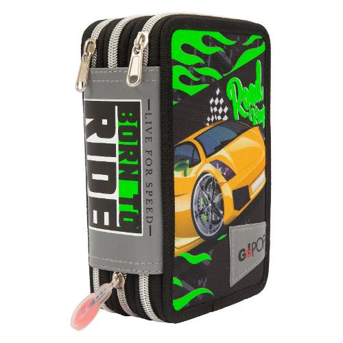 Astuccio triplo scomparto accessoriato GOPOP Moster Trucks Nero e Verde GG9Q4A10 36 colori con penne e accessori