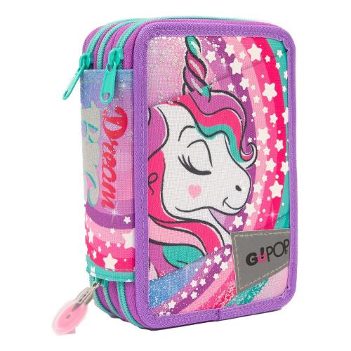 Astuccio triplo scomparto accessoriato GOPOP Unicorn Multicolor GG9Q5110 36 colori con penne e accessori