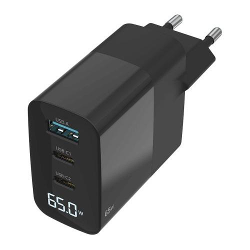 Caricabatterie USB Type-A, USB Type-C 65W GaN Power Delivery LED display Black CH 1002