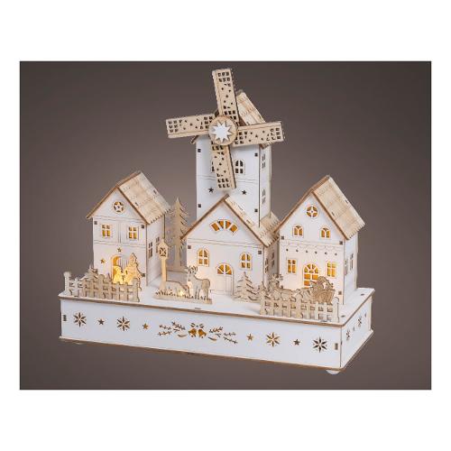 Decoro Scenario con mulino legno e luci Bianco (28x12x26,5 cm) nr 8 luci 489623