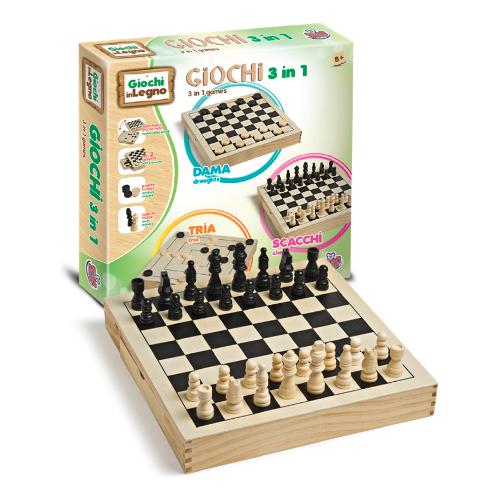 Gioco Dama, Scacchi e Tria 3 in 1 in Italiano GIOCHI IN LEGNO GG95023