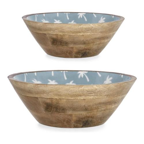 Insalatiera Legno Set 2 pz (25x10 e 30x14 cm) palme KERAN Naturale e Azzurro 0551013