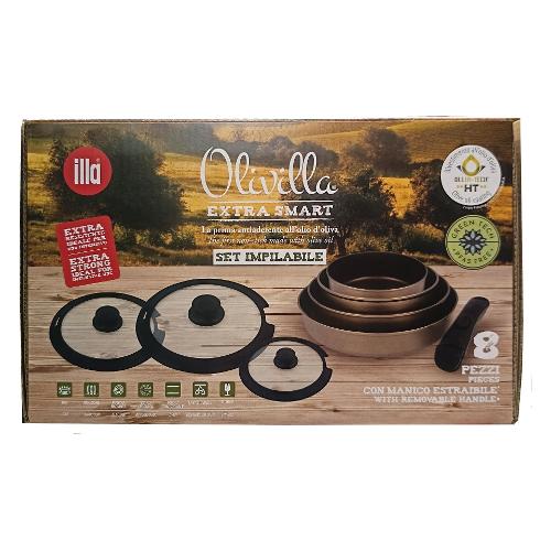 Batteria pentole Alluminio antiaderente 8 pz OLIVILLA EXTRA Smart impilabile salvaspazio I0HTSM08