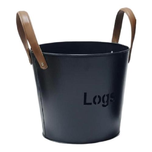 Porta legna secchio Small Wood manici pelle acciaio (35x31cm) Nero 28429SM