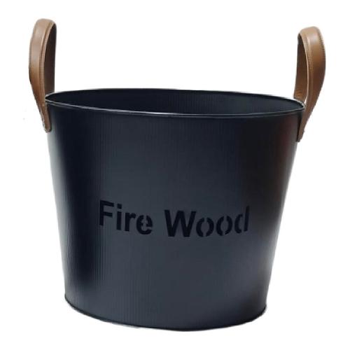 Porta legna secchio Firewood manici pelle acciaio (45x35cm) Nero 28429LG