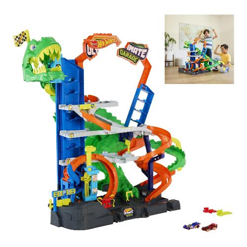 Garage Playset Mega del T-Rex con dinosauro e 2 veicoli 1:64 HOT WHEELS CITY JHL98