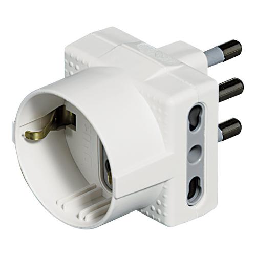 Adattatore con spina italiana 16A 2 prese 2P+T 10/16A bipasso italiano e 1 presa  2P+T (std italiano 10A e tedesco 16A terra laterale) Bianco S3611D